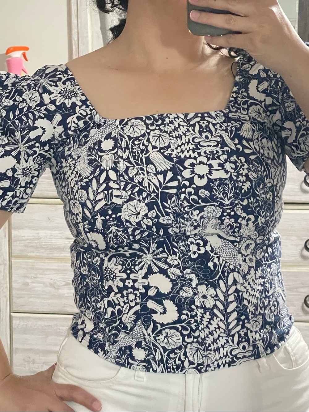 Square Neck Puff Sleeve Floral Print Top - Blue & White - Picture 6 of 6